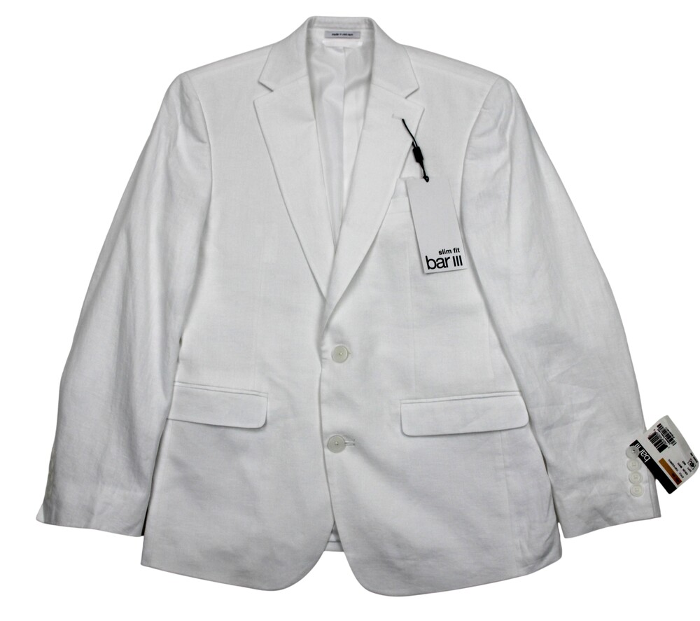 Bar III Blazer Mens 36 S White Slim Fit Linen Sport Coat Jacket Summer